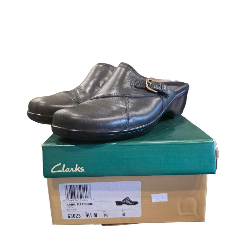 Clarks April Daffodil Womens 9.5 M Navy Leather Mule Clogs Slip On Shoes 63023